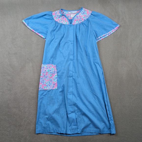 Lady Manhattan Vintage House Dress M Blue Floral Snap Front Duster Robe Lounger — photo 2